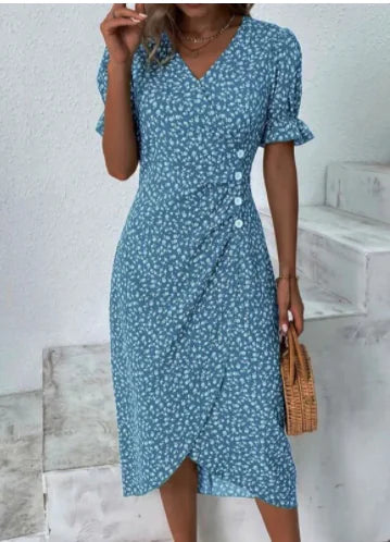 Multicolor Floral V-Neck Irregular Hem Dress
