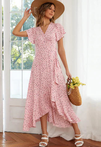 Floral Flounce Irregular High Waist V-neck Swing Dress