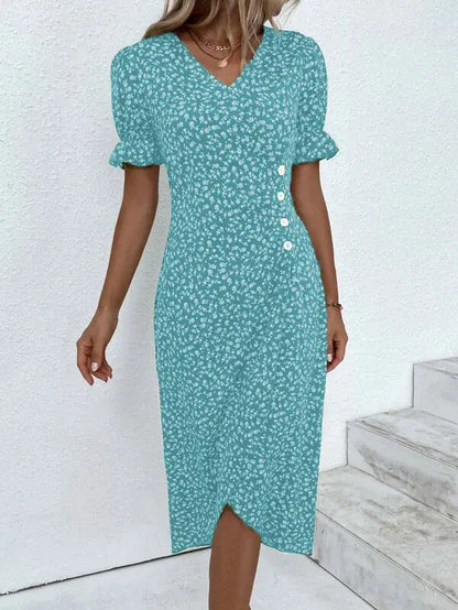 Multicolor Floral V-Neck Irregular Hem Dress
