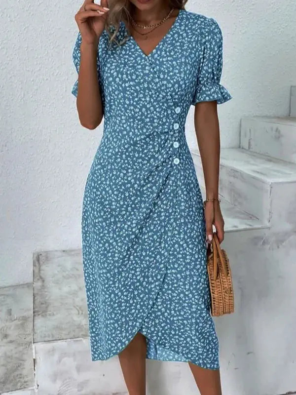 Multicolor Floral V-Neck Irregular Hem Dress
