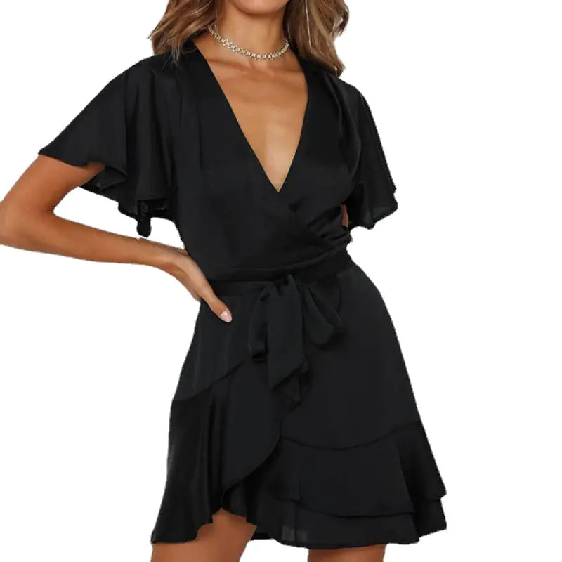 Multicolor Floral V Neck Ruffle Wrap Dress for Women