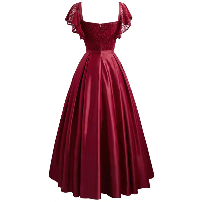 Ladies V-Neck High Waist Lace Swing Dress