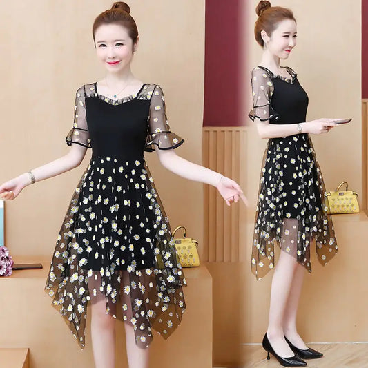 V-neck Floral Stitching Mesh Irregular Dress