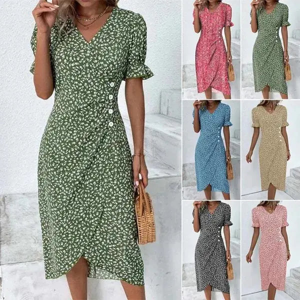 Multicolor Floral V-Neck Irregular Hem Dress