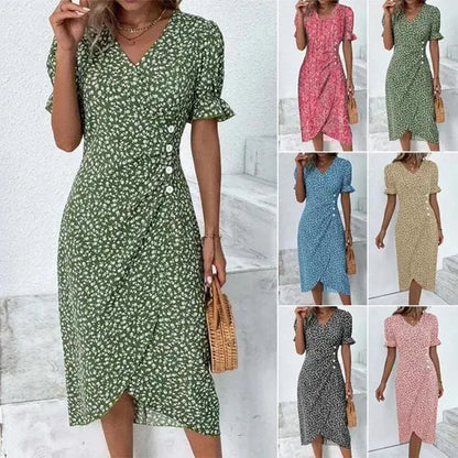 Multicolor Floral V-Neck Irregular Hem Dress