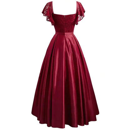 Ladies V-Neck High Waist Lace Swing Dress