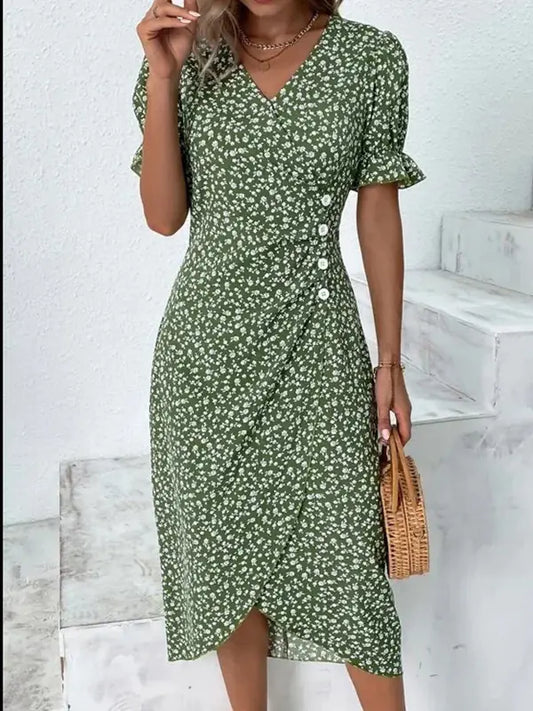 Multicolor Floral V-Neck Irregular Hem Dress