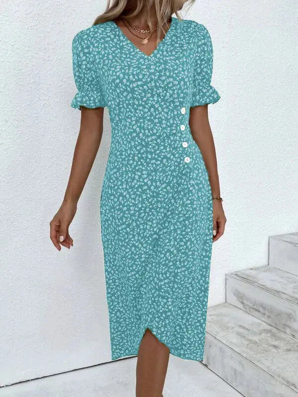 Multicolor Floral V-Neck Irregular Hem Dress