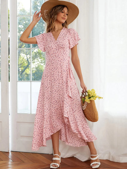 Floral Flounce Irregular High Waist V-neck Swing Dress