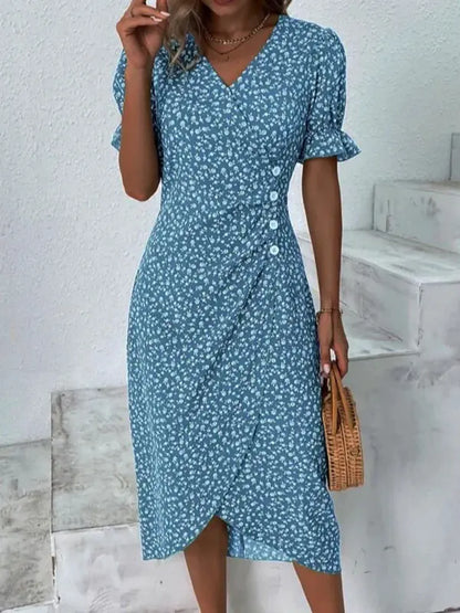 Multicolor Floral V-Neck Irregular Hem Dress