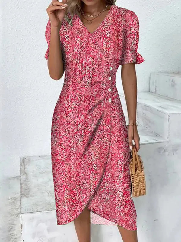 Multicolor Floral V-Neck Irregular Hem Dress