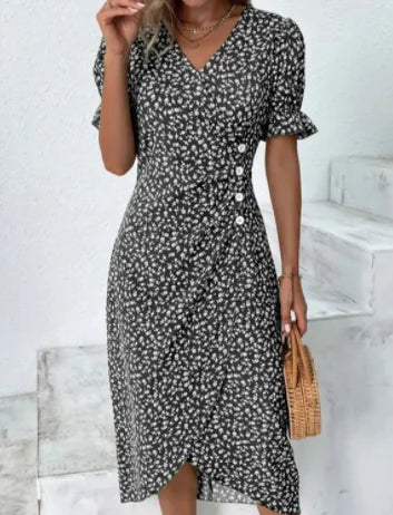 Multicolor Floral V-Neck Irregular Hem Dress