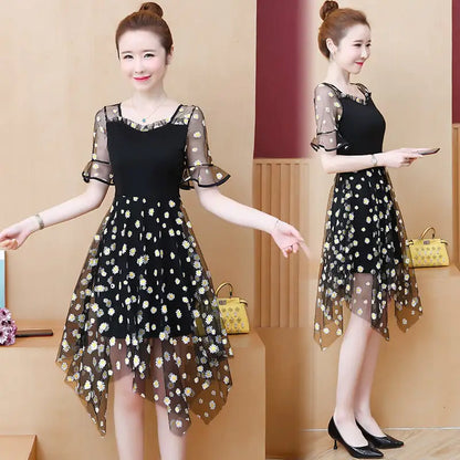 V-neck Floral Stitching Mesh Irregular Dress