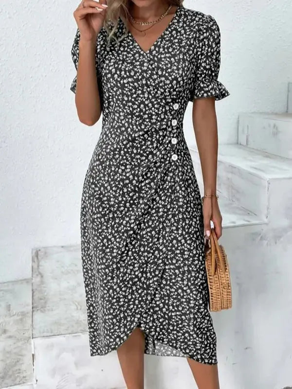 Multicolor Floral V-Neck Irregular Hem Dress