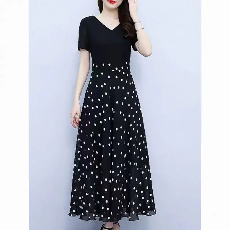 V-neck Floral Stitching Mesh Irregular Dress