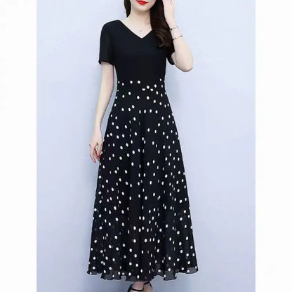 V-neck Floral Stitching Mesh Irregular Dress